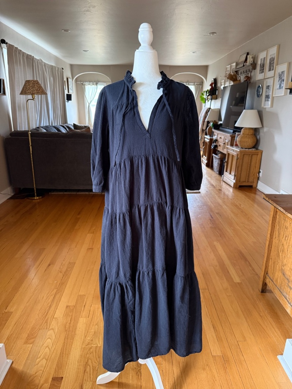 Women’s Honorine Black Maxi Tiered Dress with Ruffle Tie Neck